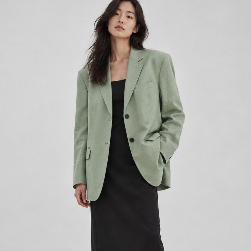Theory Galena Boxy Oversized Linen Jacket Blazer Womens M/L Green Leaf NWT